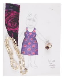 A Miss Piggy Costume Design, Fabric Sample, and Jewelry.