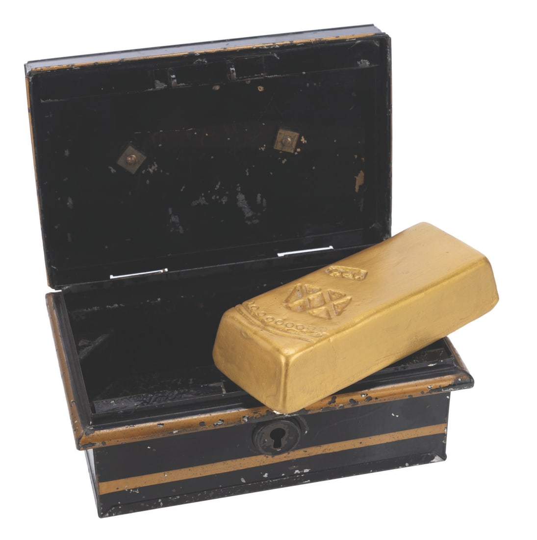 A Pair of “Dead Men Tell No Tales" Bank Vault Props.: (Disney, 2017) A prop metal lock box and resin gold ingot prop from production of Jack Sparrow’s bank heist scene in “Pirates of the Caribbean: Dead Men Tell No Tales.” The lock box measures