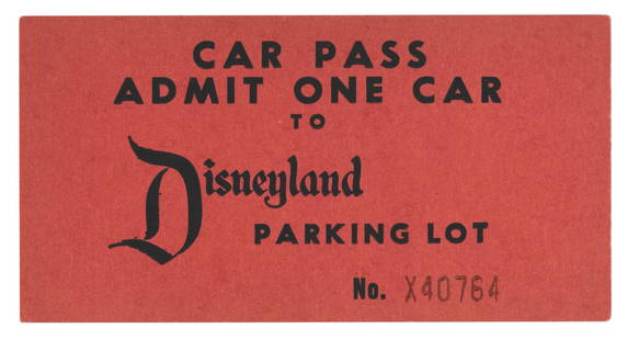 A 1950s Disneyland Car Pass.: (Disneyland, 1950s) A very early parking pass, admitting one car to the Disneyland parking lot for the extravagant price of 50 cents. Very little parking ephemera from Disneyland's earliest days