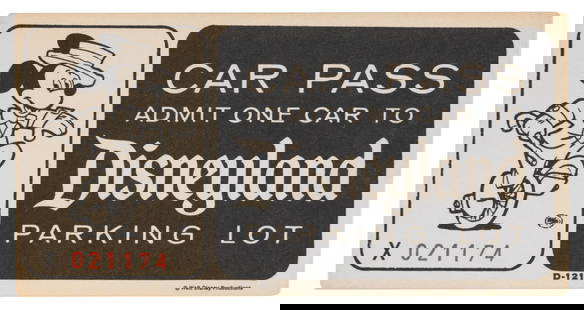 A 1960s Disneyland Car Pass.: (Disneyland, 1960s) A black and white Disneyland Car Pass, numbered X021174, admitting one car to the Disneyland parking lot. Measuring 2" x 4", the pass is in very good condition with very light