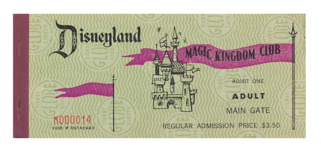 A 1969 Adult 10 Magic Kingdom Club Ticket Book.: (Disneyland, 1969) A complete Adult 10 ticket book from September of 1969, distributed by the Magic Kingdom Club, which offered discount tickets to employees of large companies. This book includes