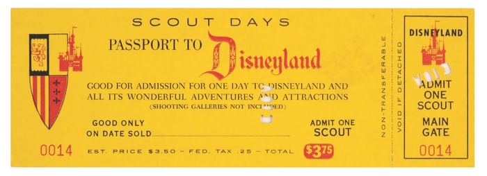 A 1962 Disneyland Scouts Day Main Gate Ticket.
