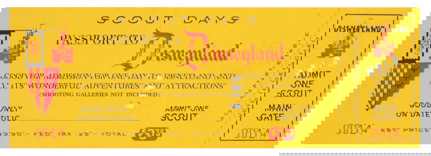 A 1962 Disneyland Scouts Day Main Gate Ticket.: (Disneyland, 1962) A main gate passport for Disneyland’s Scout Days. This ticket for the special Boy Scouts event at the Park is numbered 0014 and punched “Void” twice. Measuring 2.5”