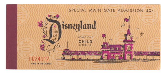 A 1965 Child 15 Ticket Book.: (Disneyland, 1965) A complete Child Admission and 15 Adventures in Disneyland ticket book from June of 1965. The book includes the front Main Gate admission ticket, Welcome to Disneyland tab, a Great