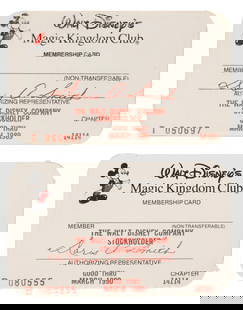 A Pair of Magic Kingdom Club Membership Cards.: (Disney, 1988-90) A pair of unused Walt Disney’s Magic Kingdom Club membership cards. These cards granted their holders discounts at the Parks and Hotels. Both are signed by authorizing