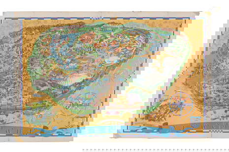 A 1966 Disneyland Souvenir Map.: (Disneyland, 1966) A large souvenir map of Disneyland from 1966, the first to feature the New Tomorrowland and World's Fair attractions, It's a Small World and Great Moments With Mr. Lincoln. Measurin