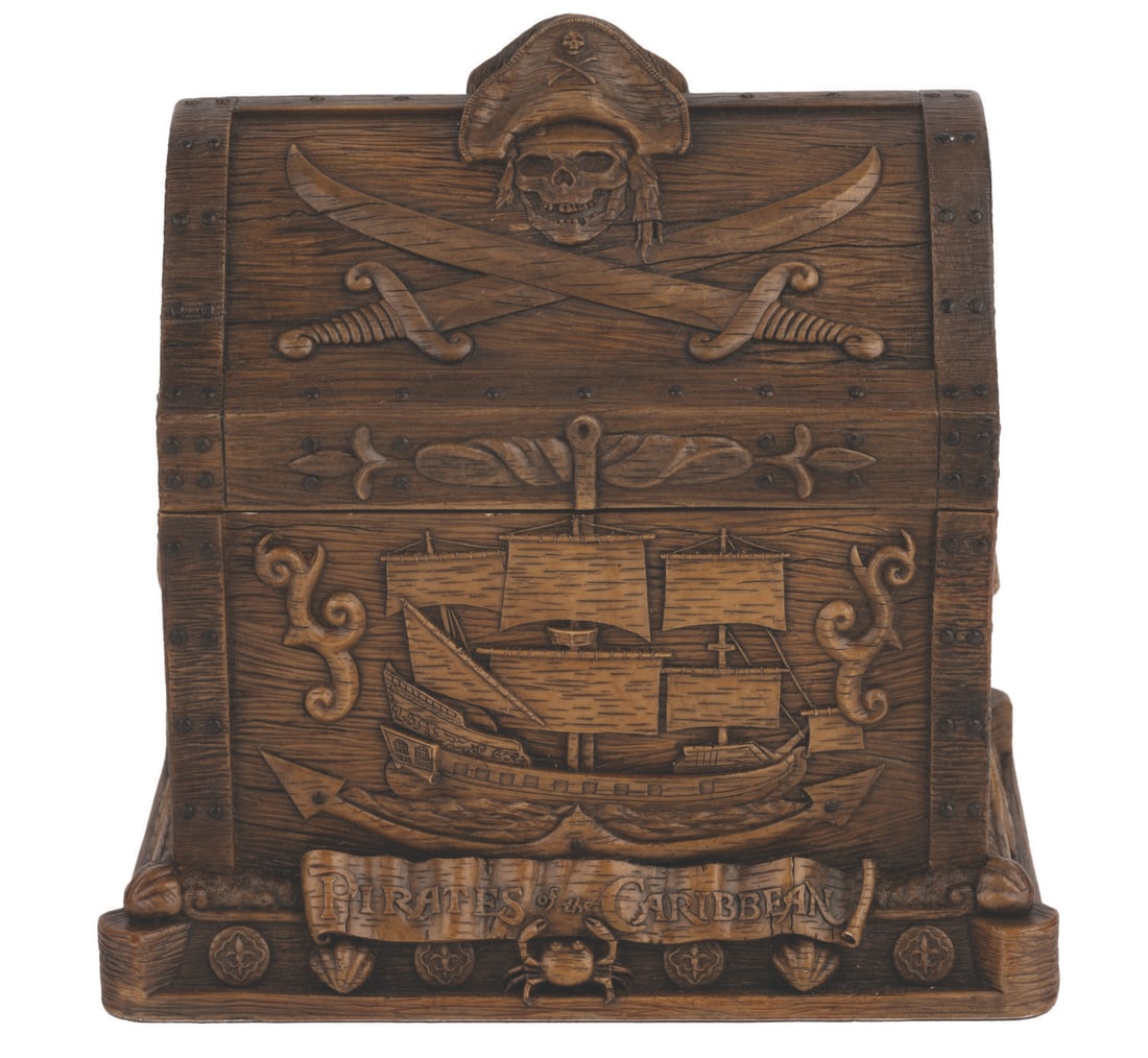 An Olszewski Pirates of the Caribbean 40th Anniversary Treasure Chest.: (Disneyland, 2007) A Pirates of the Caribbean treasure chest, designed by Robert Olszewski and released in a limited edition of 1,967 to celebrate the attraction’s 40th anniversary. Measuring 5.25&r