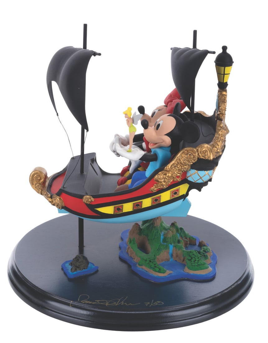 A Kracov Creations Signed Peter Pan's Flight Figure.: (Disney, 2002) A hand-cast and painted figurine of Mickey, Minnie, and Tinker Bell aboard Peter Pan’s Flight, released in a limited edition of only 50. Artist David Kracov signed the base and number