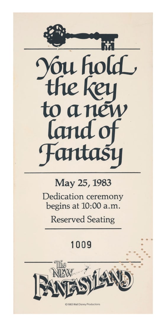 A 1983 New Fantasyland Dedication Ceremony Ticket.: (Disneyland, 1983) A reserved seating ticket for the dedication ceremony of Disneyland’s New Fantasyland refurbishment, held on May 25, 1983. The ticket is numbered 1009 and punched as void in the l