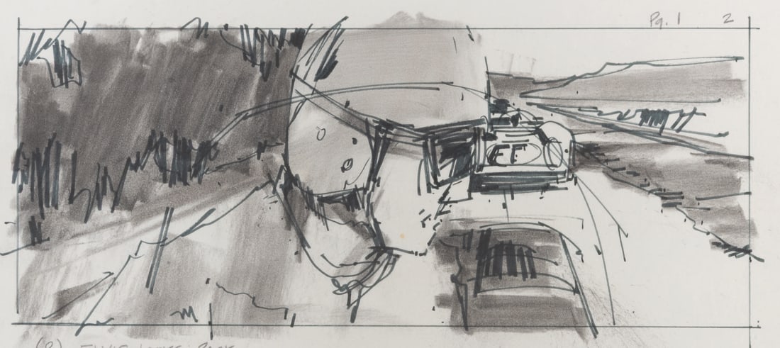 An Elvis Presley "Speedway" Storyboard.: (MGM, 1968) An original hand-drawn storyboard for the film "Speedway" starring Elvis Presley and Nancy Sinatra. Written in pencil on the storyboard is the direction "Elvis looks back." With an image s