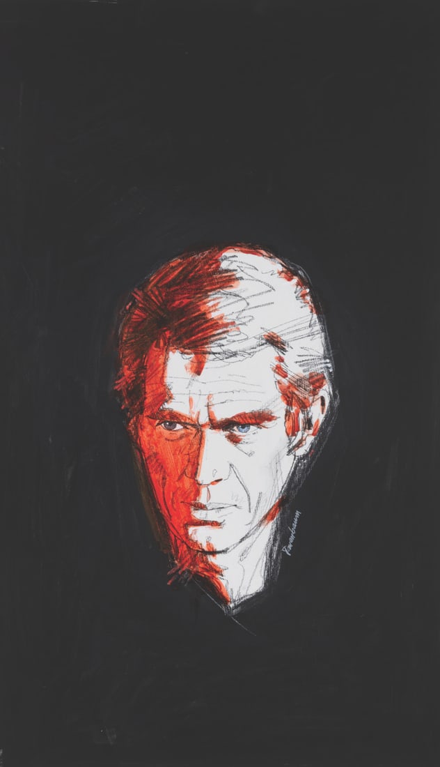 A Steve McQueen Painting by Robert Tanenbaum.: (Tanenbaum, 1970s) An original painting of the "King of Cool," Steve McQueen, signed by poster artist Robert Tanenbaum. Accomplished in acrylic with an image size of 17" x 28" on a 20" x 30" artist bo