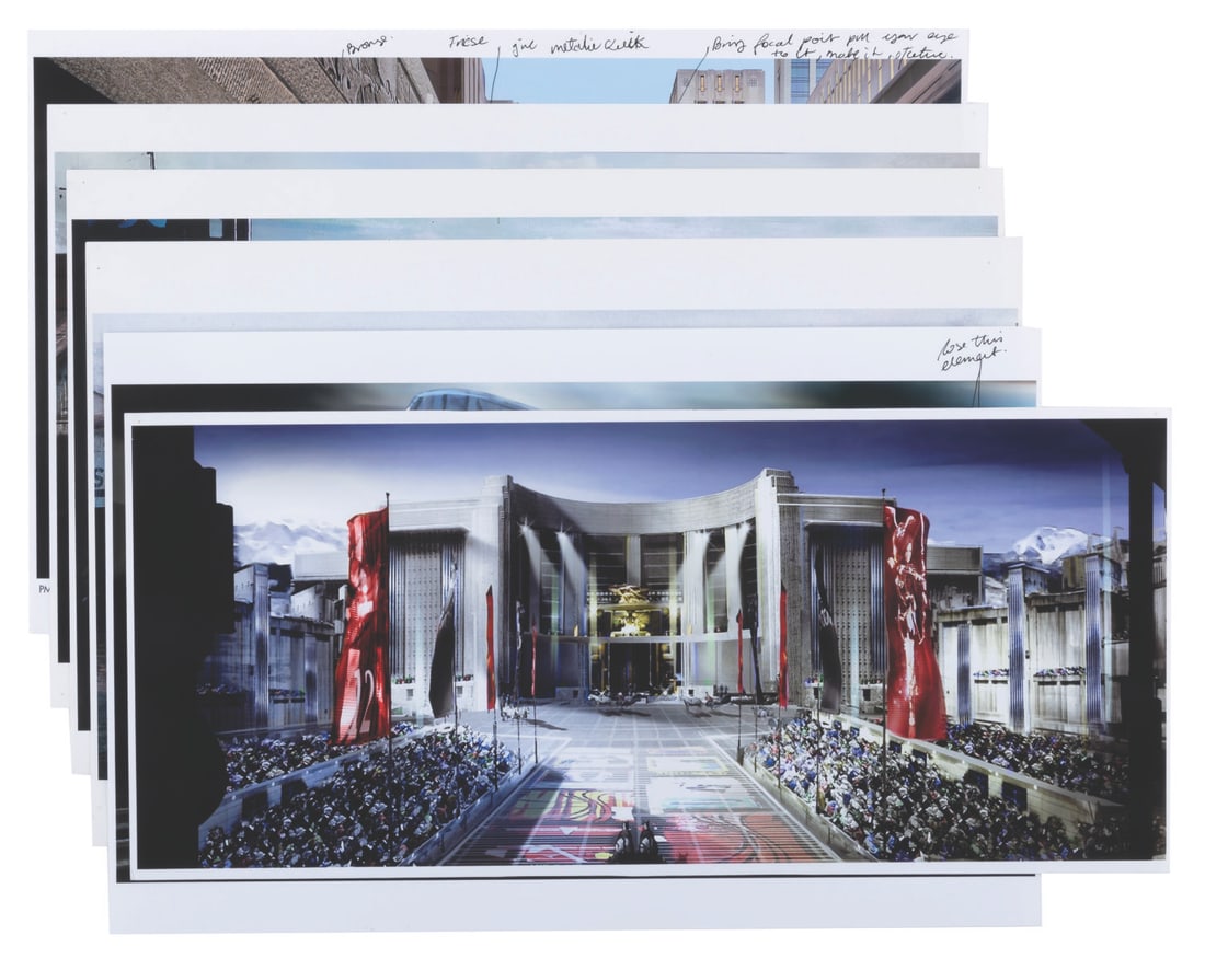 A Collection of "The Hunger Games" Production Prints.: (Lionsgate, 2012) A collection of six production-used photo prints from "The Hunger Games," based on the hit novel by Suzanne Collins. Featured are location designs for Panem, including the Capitol, t