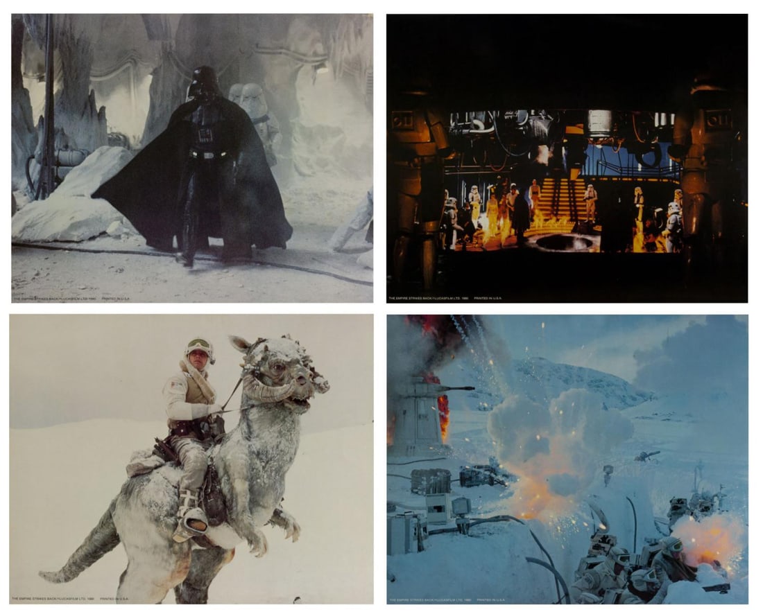 A Set of "The Empire Strikes Back" Large Lobby Cards.: (Lucasfilm, 1980) A set of four rare large lobby cards for "The Empire Strikes Back" including scenes from the Battle of Hoth, Luke on his tauntaun, Darth Vader storming the rebel base, and Han Solo b