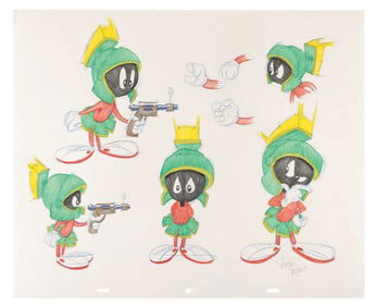 A Virgil Ross Signed Page of Marvin the Martian Drawings.
