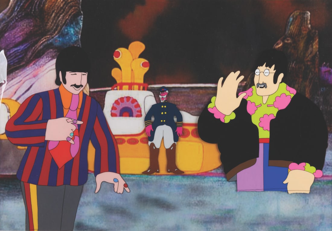 A "Yellow Submarine" Original Production Cel.: (United Artists, 1968) An original multi-layered production cel of Ringo Starr, John Lennon, and Old Fred from "Yellow Submarine," with a color copy background. The characters have an image size of 7.