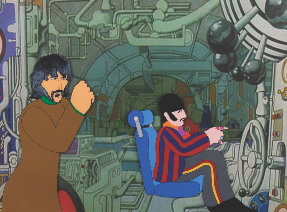 A "Yellow Submarine" Original Production Cel.: (United Artists, 1968) An original multi-layer production cel of Ringo Starr and George Harrison from "Yellow Submarine," with a color copy background. Ringo and George have an image size of 8" x 13"
