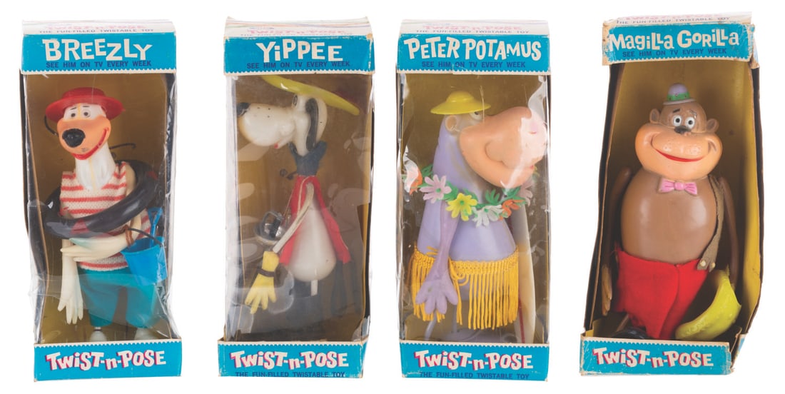 A Hanna-Barbera Twist-n-Pose Figure Collection.: (Ideal, 1965) A collection of four Hanna-Barbera Twist-n-Pose figures, including Magilla Gorilla, Peter Potamus, Yippee, and Breezly. Measuring 6" tall, the figures display in good to very good condit