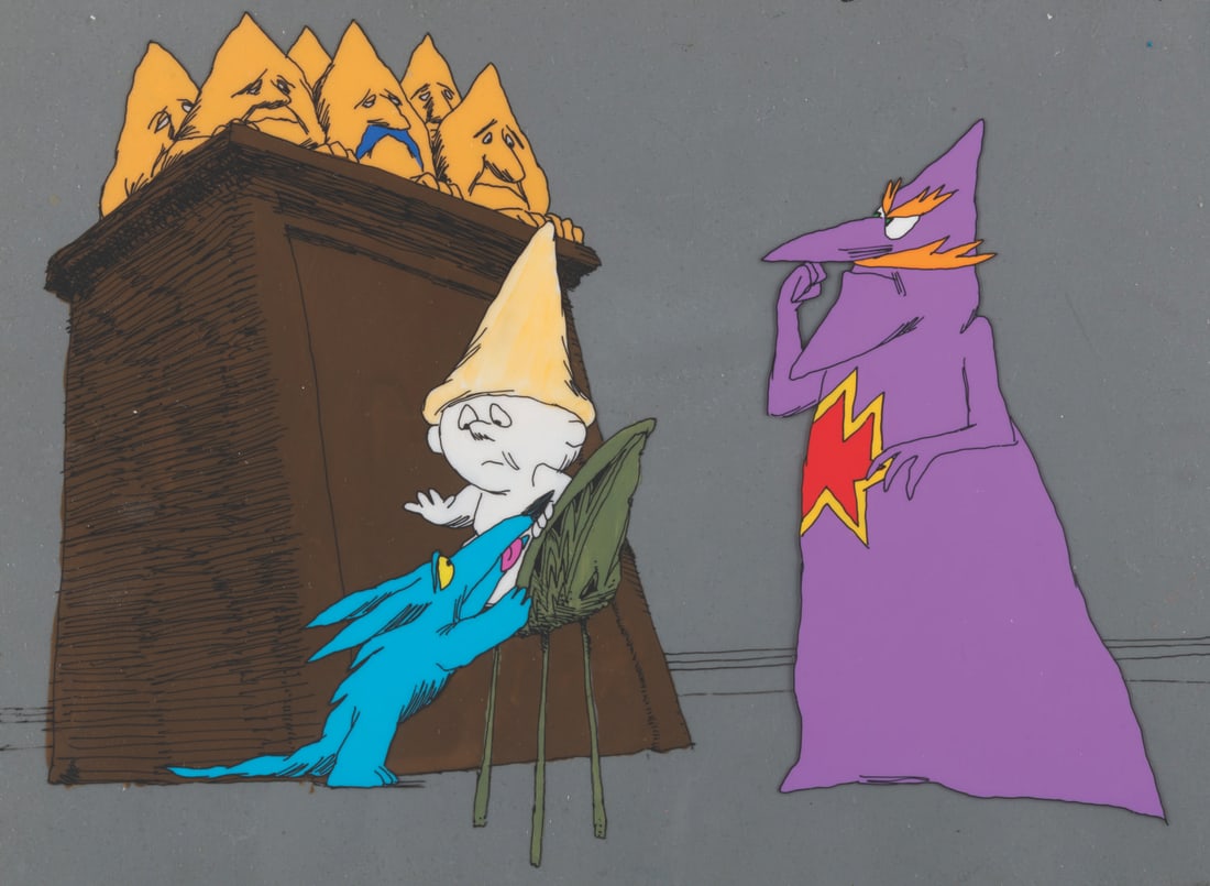 A "The Point" Original Production Cel and Background.: (ABC, 1971) An original multi-layer production cel of Oblio, Arrow, and the Count, with an original background from "The Point." The made for TV movie featured narration by Ringo Starr and songs by Ha