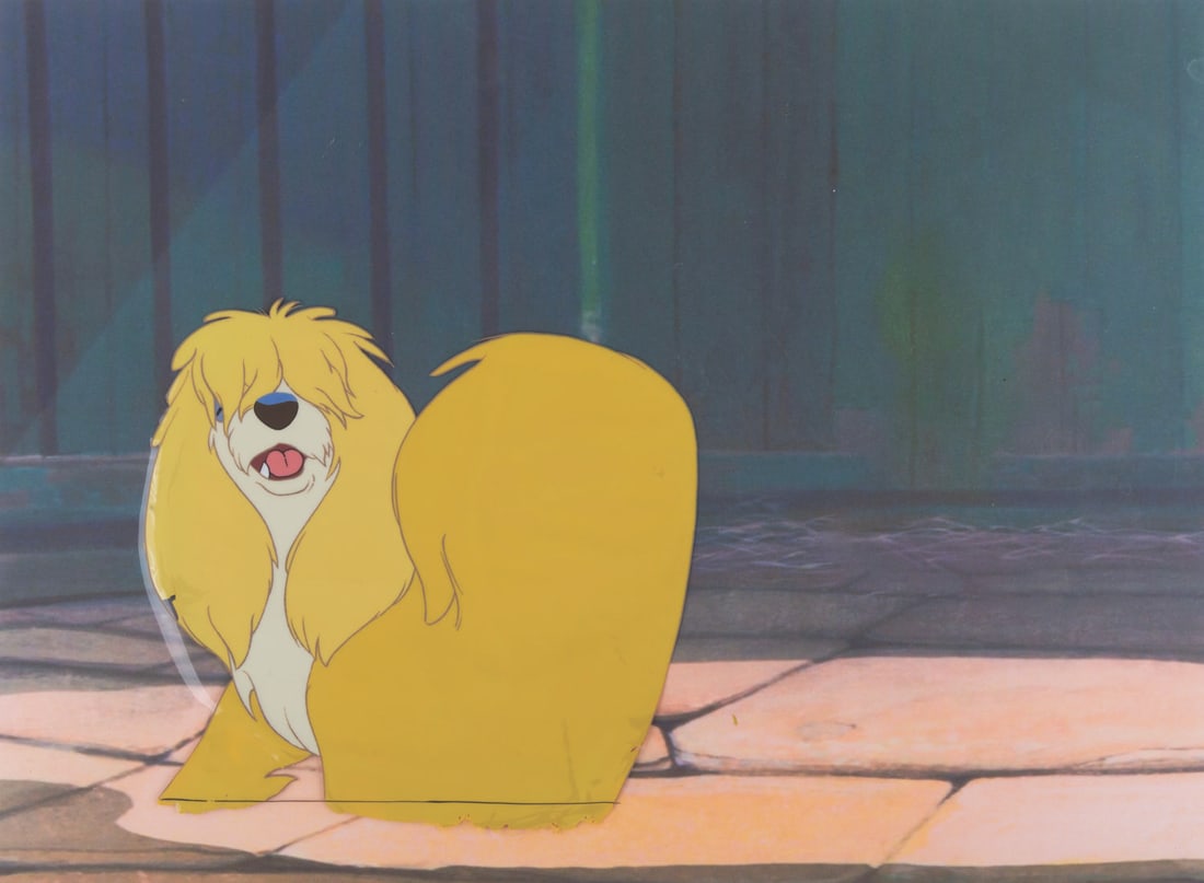 A "Lady and the Tramp" Original Production Cel.: (Disney, 1955) An original production cel of Peg from "Lady and the Tramp," with a color copy background. Peg has an image size of 6" x 6.5" on a 12.5" x 16" cel. The entire piece measures 12.75" x 16