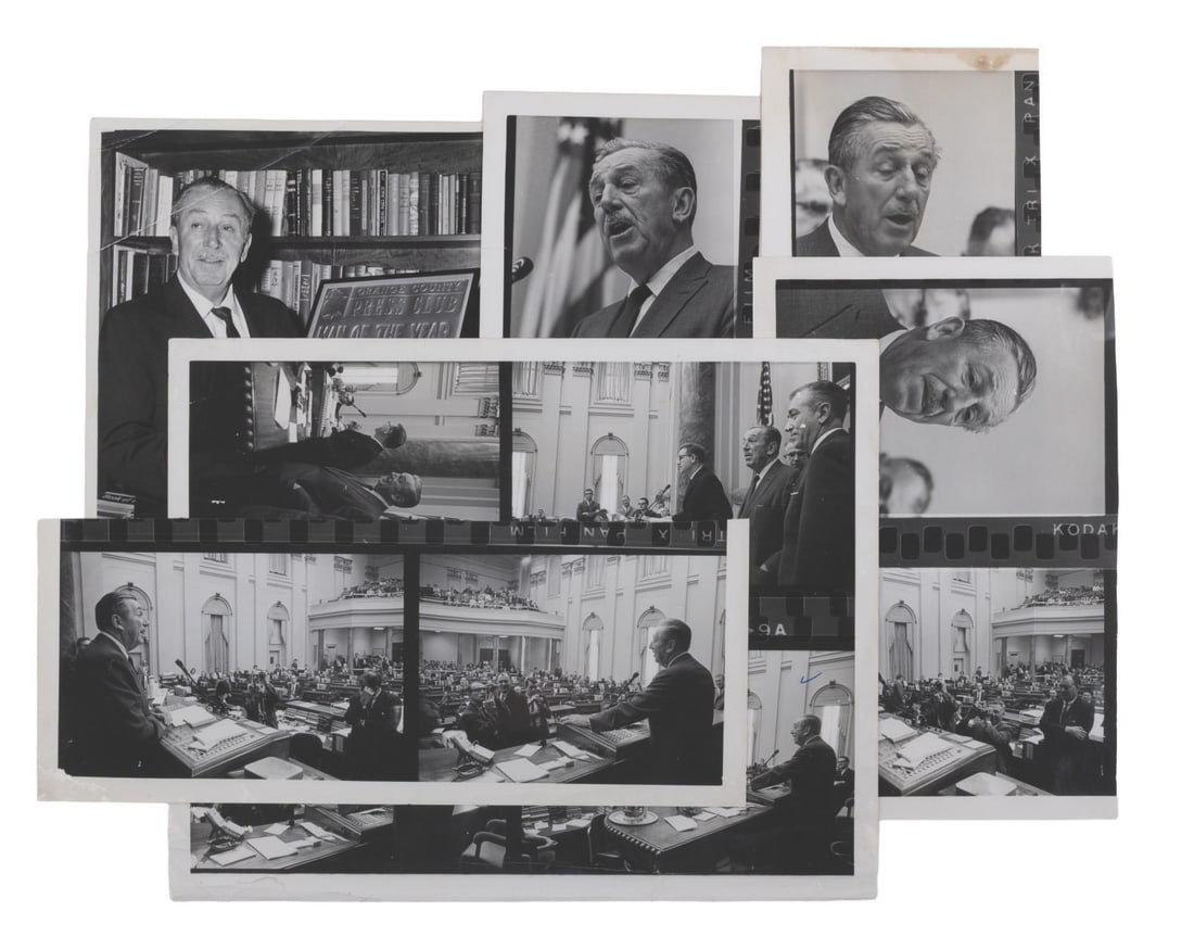 A Collection of Walt Disney Public Appearance Photos.: (Disney, 1960s) A collection of photography of Walt Disney at public appearances. The photos include 12 images of Walt addressing the California Senate, and one of Walt accepting the Orange County Pre