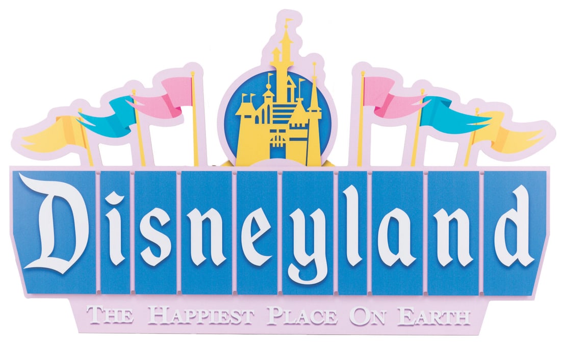An Updated Disneyland Marquee Souvenir Sign.: (Disneyland, 2010s) A souvenir replica of the updated Disneyland marquee. Debuting in 1989, the new marquee proclaimed Disneyland "The Happiest Place on Earth." Measuring 21" x 35", the sign displays 