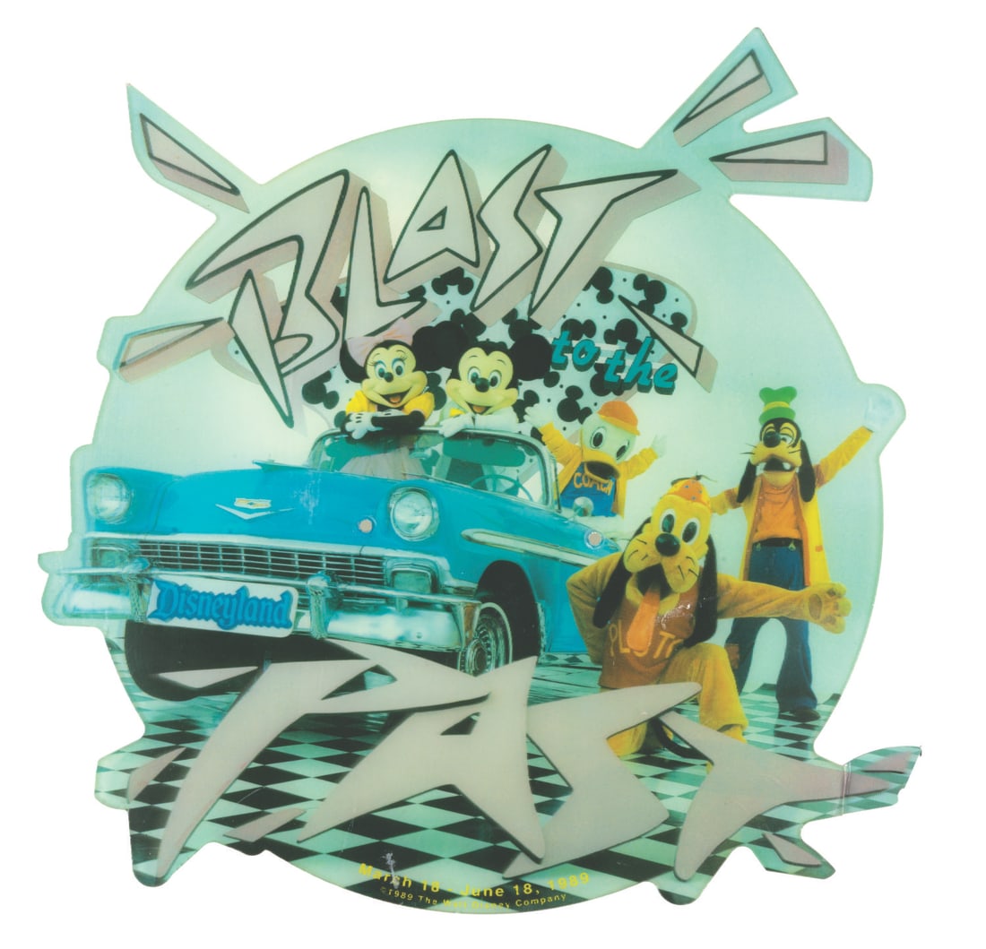 A Lenticular Blast to The Past Sign.: (Disneyland, 1989) A lenticular Blast to the Past event sign featuring Mickey and friends in their 1956 Chevy Bel Air convertible. The sign is from the final Blast to the Past celebration, which laste