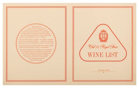An Early Club 33 Wine List.