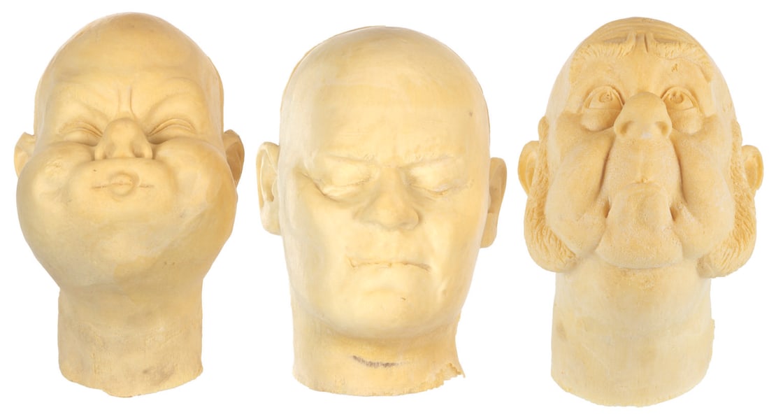 A Collection of EPCOT Foam Test Heads.: (EPCOT, 1980s-1990s) A rare collection of three foam test heads used in creating Audio-Animatronic figures at EPCOT. One is marked SPE-30, indicating Spaceship Earth, while the two other heads are unm