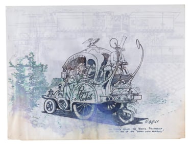 Three "Willy Wonka and the Chocolate Factory" Harper Goff Concept Drawings.