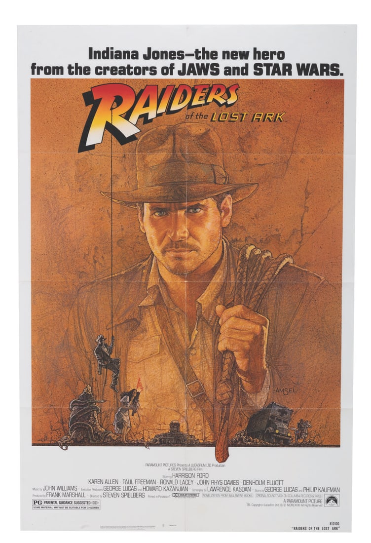A “Raiders of the Lost Ark" One-Sheet.: (Paramount, 1981) An original theatrical release poster for the first Indiana Jones film, “Raiders of the Lost Ark,” featuring Richard Amsel’s legendary artwork. Measuring 27” x 41&rdq