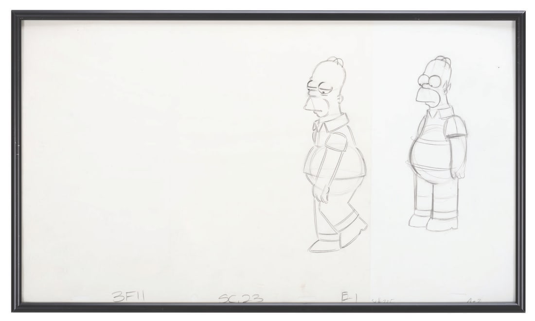 A Pair of “The Simpsons" Original Production Drawings.: (Fox, 1996-2003) A pair of production drawings of Homer from “The Simpsons,” one of which is from season 7 episode 14 “Scenes from the Class Struggle in Springfield.” Homer measures 2.