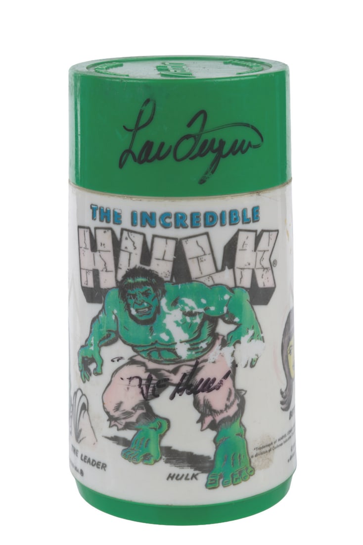 A Lou Ferrigno Signed Incredible Hulk Thermos.: (Aladdin, 1978) An Incredible Hulk thermos signed by Lou Ferrigno, who portrayed the character in the Marvel live-action television series. Measuring 6.5” tall and 3.5” in diameter, the th