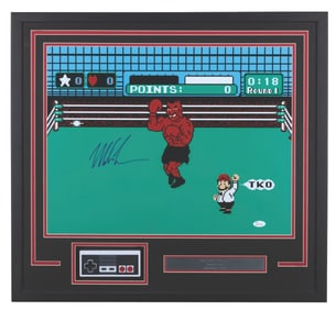 A Mike Tyson Signed Punch-Out!! Photo & NES Controller Display.