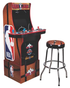 An Arcade1Up NBA Jam Arcade Cabinet and Stool.