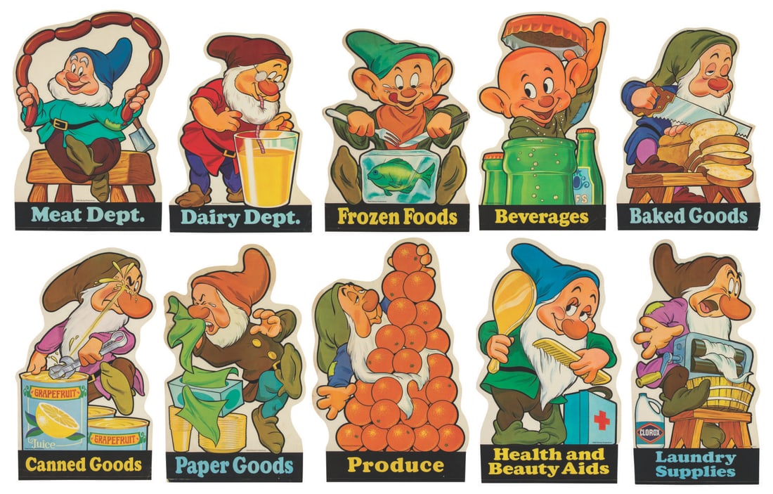 A Set of Seven Dwarfs Store Displays by Clorox.: (Clorox, 1967) A very rare set of 10 die-cut grocery store hanging displays featuring the characters of Walt Disney's "Snow White and the Seven Dwarfs." Created as part of the Clorox Snow White and th