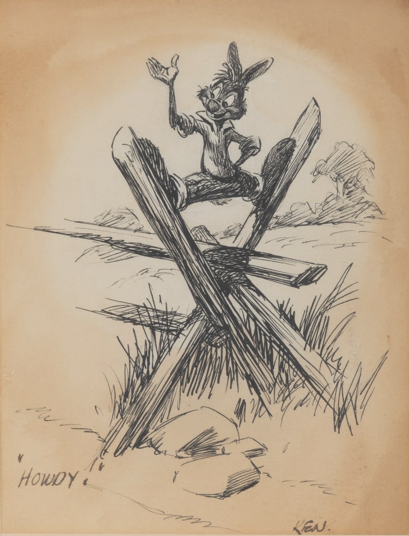 A Ken Anderson "Song of the South" Story Sketch.: (Disney, 1946) An original sketch by Disney Legend Ken Anderson of Br’er Rabbit from “Song of the South.” Accomplished in black ink, Anderson signed the piece with his first name in the lowe