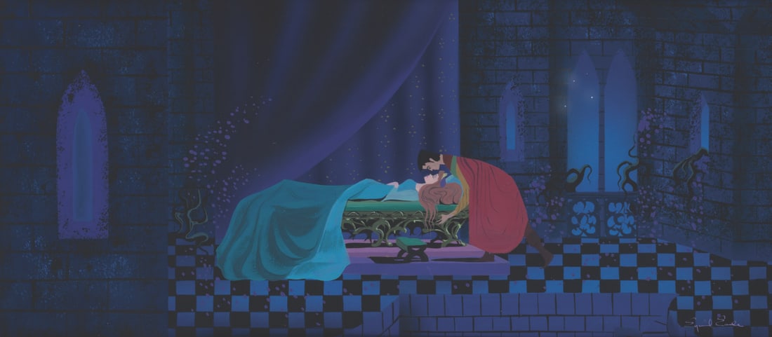 An Eyvind Earle "Sleeping Beauty" Concept Painting.: (Disney, 1959) An original concept painting by Eyvind Earle for Walt Disney’s masterpiece “Sleeping Beauty.” Earle worked on several Disney productions throughout the 1950s, but his work on
