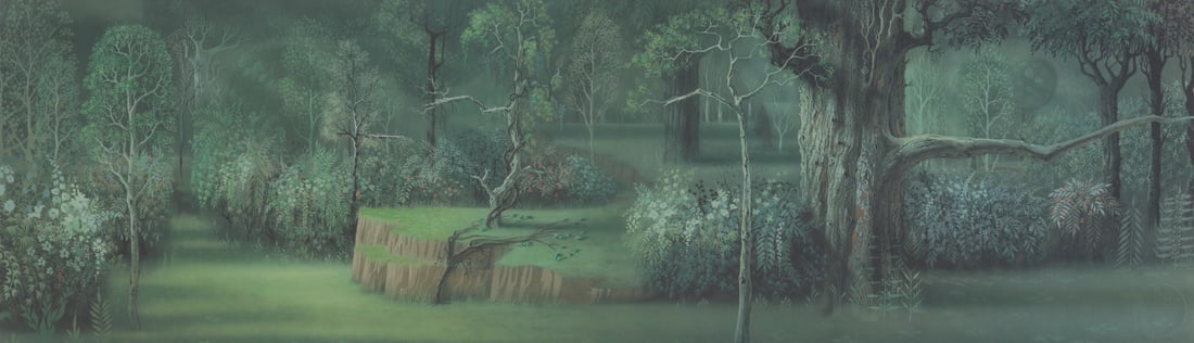 An Eyvind Earle "Sleeping Beauty" Print.: (Disney, 1990s) A rare limited edition print of a forest background from “Sleeping Beauty,” signed by Disney Legend Eyvind Earle and hand-numbered 2 of 300. With a matte opening of 13.25&rdquo