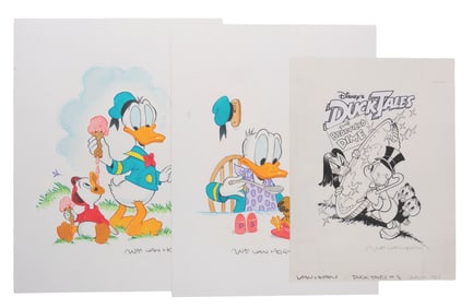 Three Signed Donald, Scrooge McDuck and Nephews Drawings.