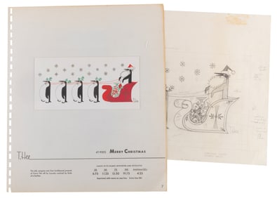 A Penguin Sleigh T. Hee Christmas Card Design.