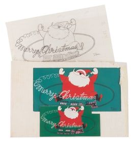 A Santa & Train T. Hee Christmas Card Design.