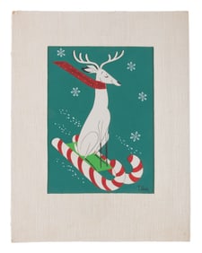 An Original T. Hee Reindeer Christmas Card Design.