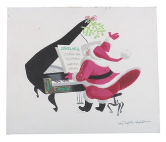 A Ralph Hulett Santa Piano Christmas Card Painting.