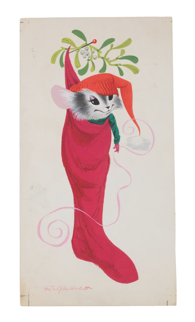 A Ralph Hulett Stocking Christmas Card Painting.: (California Artists Inc., 1950s-60s) A Christmas card painting by Ralph Hulett, commissioned by California Artists Inc. Measuring 8.25” x 15.5”, the gouache art on artist’s board is sign