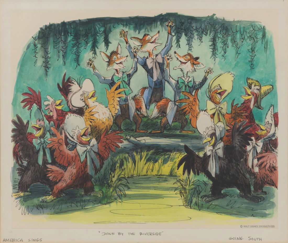 A Marc Davis America Sings Concept Painting.: (Disneyland, 1972) An original concept painting by Marc Davis for America Sings, titled “Down by the Riverside.” Davis created this painting featuring singing hens and foxes for scene one, “