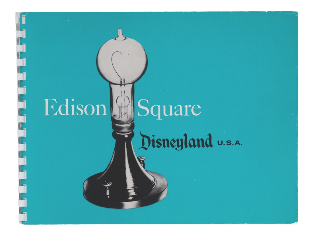 A Rare Edison Square Pitch Brochure.: (Disneyland/General Electric, 1958) An extremely rare pitch brochure for Edison Square. The earliest souvenir maps of Disneyland showed an “Edison Square” off the east side of Main Street, wit