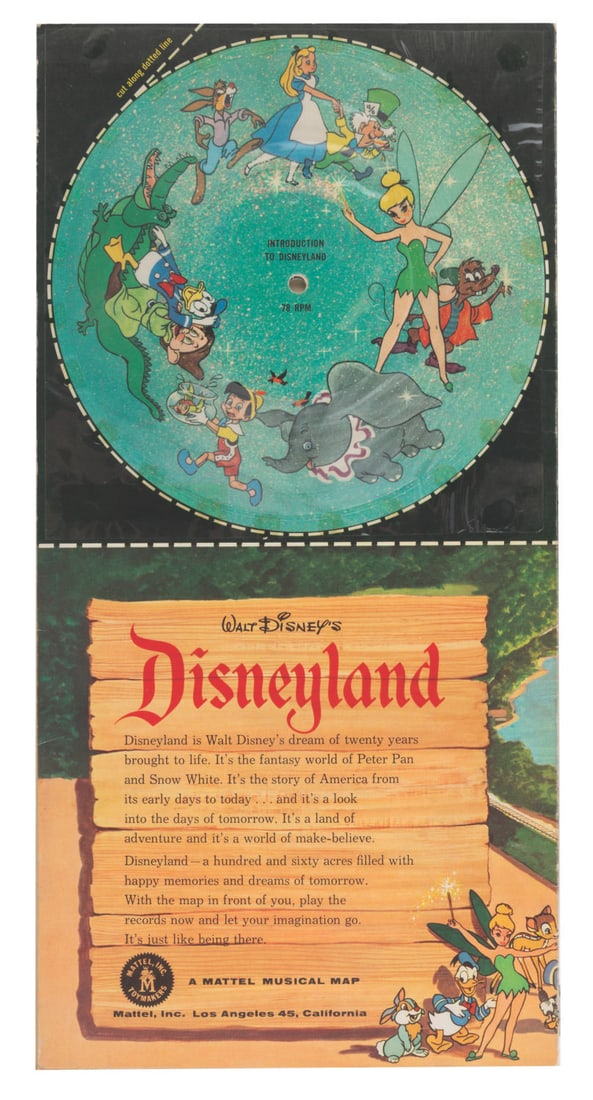 A Your Trip to Disneyland on Records Musical Map.: (Disneyland/Mattel, 1955) A Your Trip to Disneyland on Records Musical Map by Mattel. This full-color panorama of Disneyland and record set contains character cut-outs of Mickey Mouse, Donald Duck, an