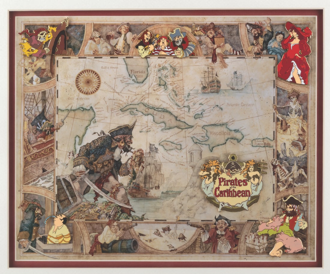 A Framed Pirates of the Caribbean Pin Set. (1 of 8)