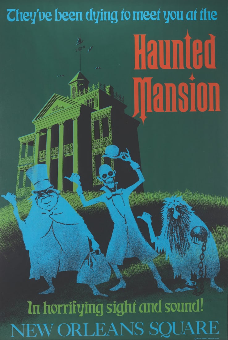 A Marc Davis Signed Haunted Mansion Attraction Poster.: (Disneyland, 1969) An original hand-silkscreened attraction poster for the Haunted Mansion in New Orleans Square. Designed by Imagineers Marc Davis and Ken Chapman, this iconic attraction poster was l