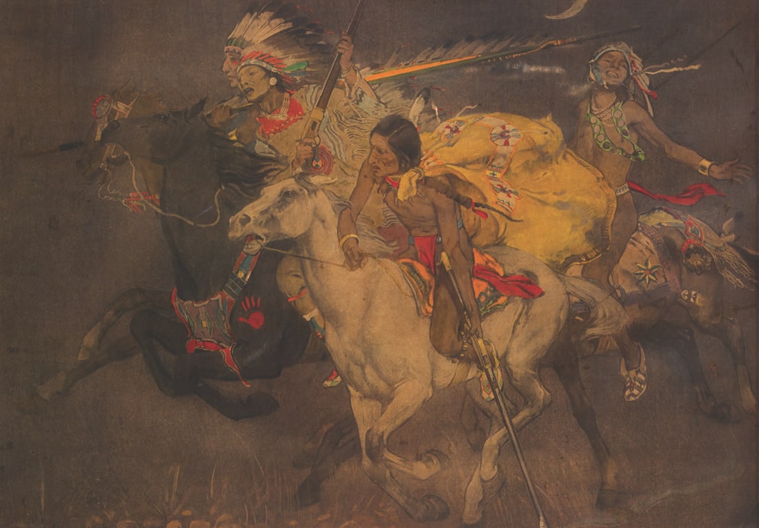 A Golden Horseshoe Wall Section Native American Artwork Prop.: (Disneyland, 1960s) An extremely rare prop from the Golden Horseshoe in Frontierland. The artwork is a reproduction of a Native American horseback battle scene by John Young Hunter from around the 192